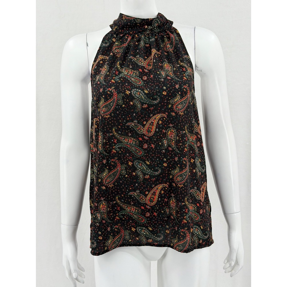 J Crew Top Womens 4 Black Paisley Floral‎ Halter Sheer Sleeveless Boho Office